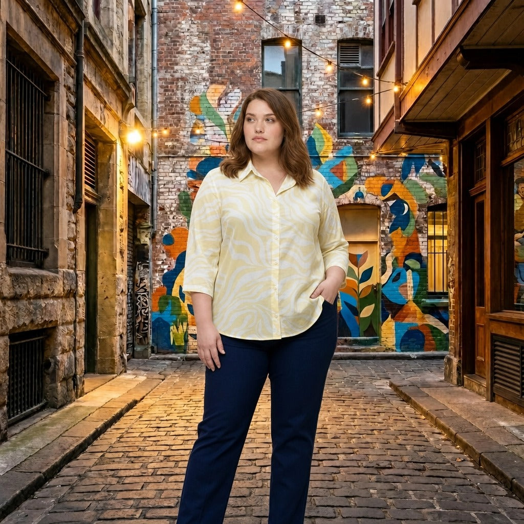 Paw Drazzel Boutique Women's Casualwear, Abstract Wave, Adjustable 3/4 Sleeve, Collared Shirt