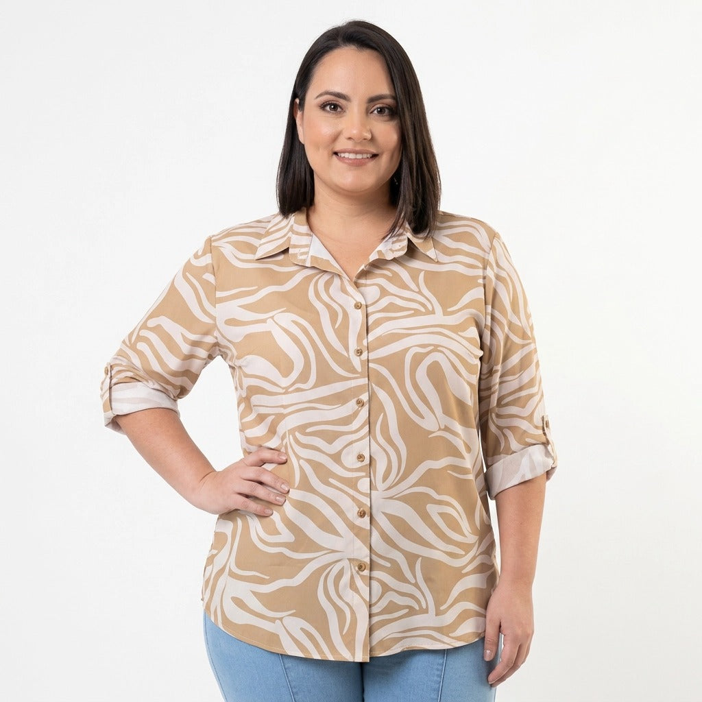Paw Drazzel Boutique Women's Casualwear, Abstract Wave, Adjustable 3/4 Sleeve, Collared Shirt