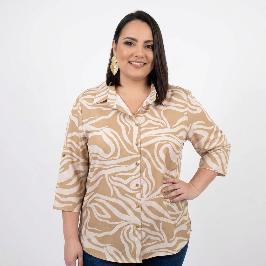 Paw Drazzel Boutique Women's Casualwear, Abstract Wave, Adjustable 3/4 Sleeve, Collared Shirt