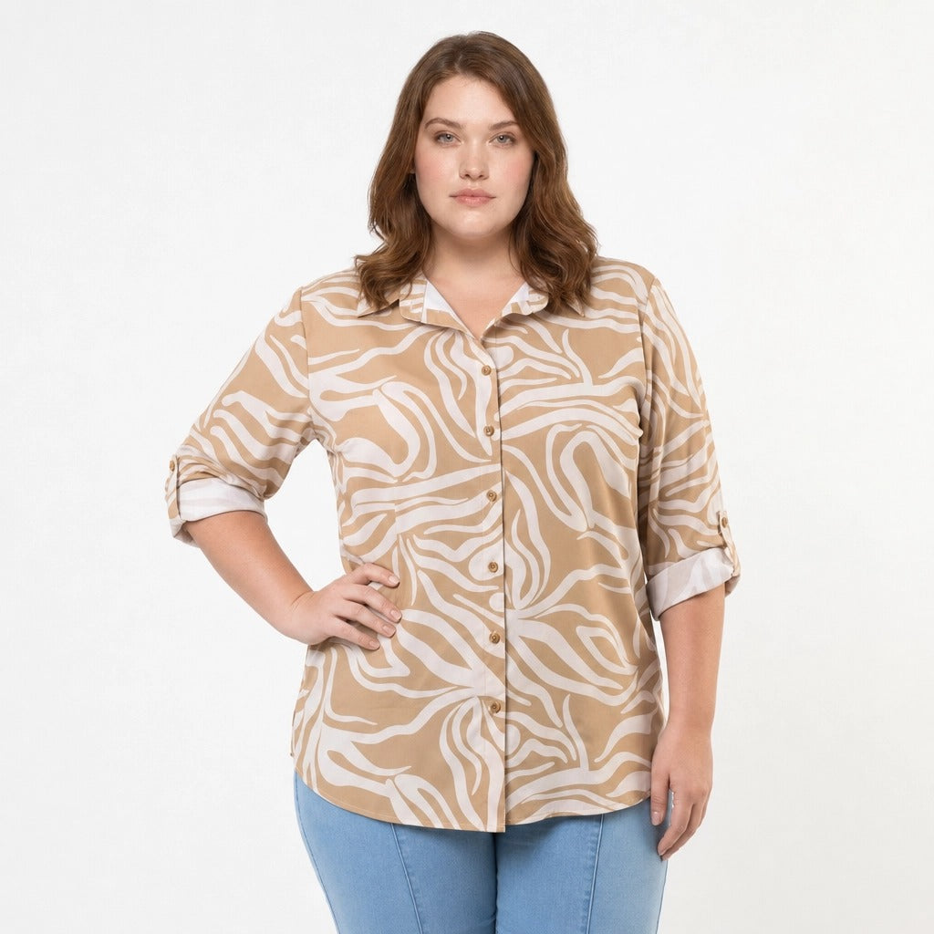 Paw Drazzel Boutique Women's Casualwear, Abstract Wave, Adjustable 3/4 Sleeve, Collared Shirt