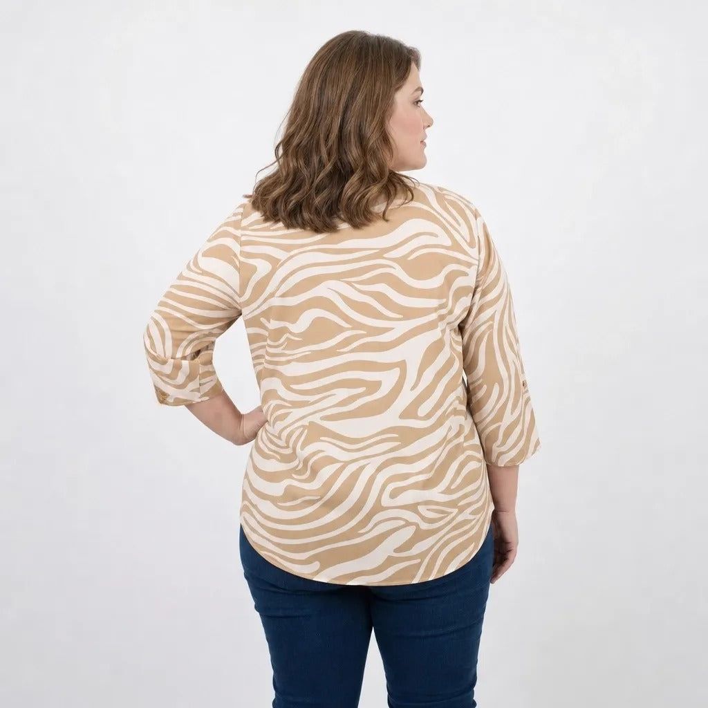 Paw Drazzel Boutique Women's Casualwear, Abstract Wave, Adjustable 3/4 Sleeve, Collared Shirt