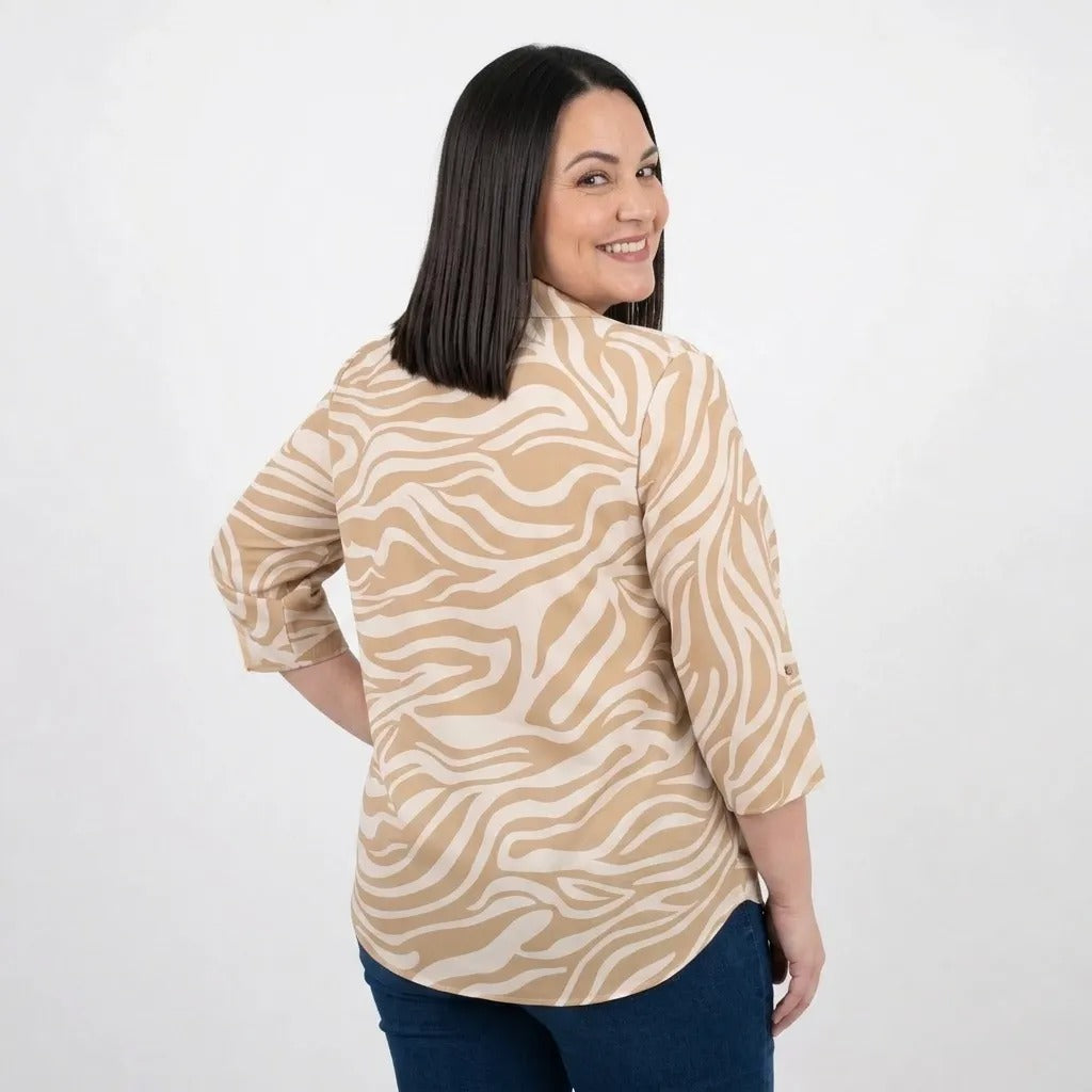 Paw Drazzel Boutique Women's Casualwear, Abstract Wave, Adjustable 3/4 Sleeve, Collared Shirt