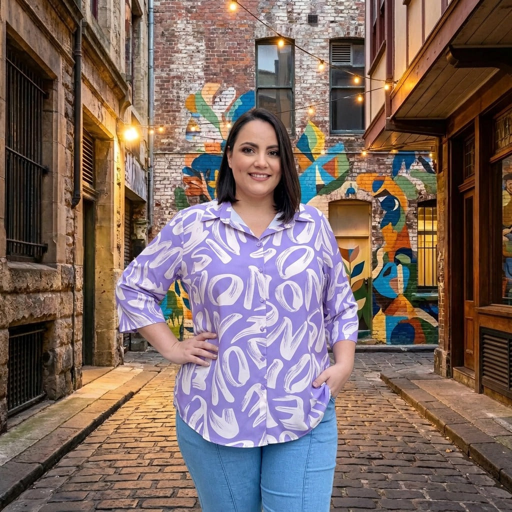 Paw Drazzel Boutique Women's Casualwear, Abstract Wave, Adjustable 3/4 Sleeve, Collared Shirt
