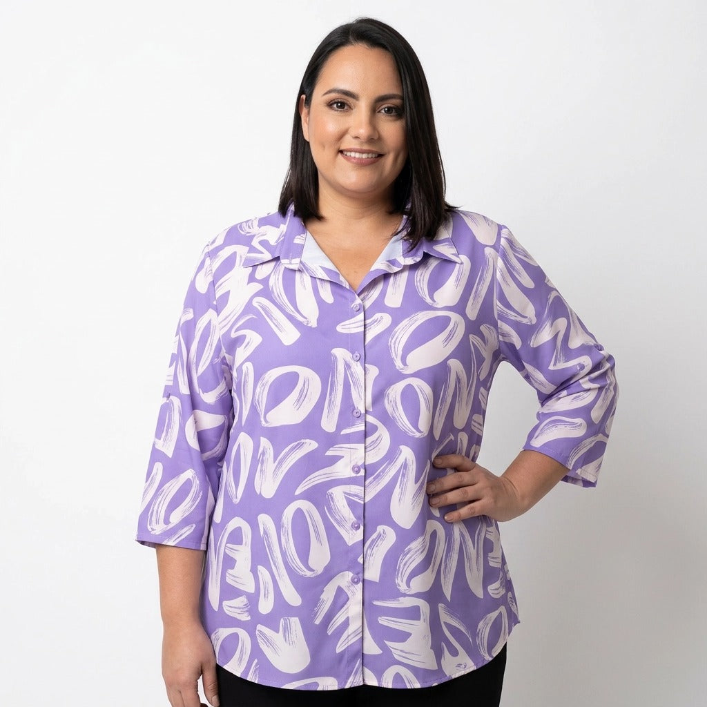 Paw Drazzel Boutique Women's Casualwear, Abstract Wave, Adjustable 3/4 Sleeve, Collared Shirt