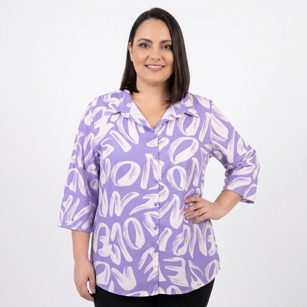 Paw Drazzel Boutique Women's Casualwear, Abstract Wave, Adjustable 3/4 Sleeve, Collared Shirt