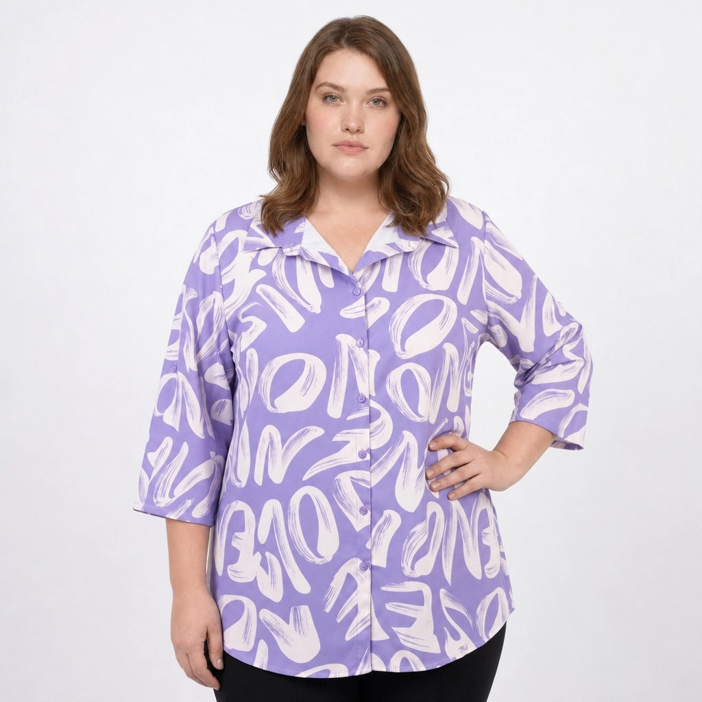 Paw Drazzel Boutique Women's Casualwear, Abstract Wave, Adjustable 3/4 Sleeve, Collared Shirt