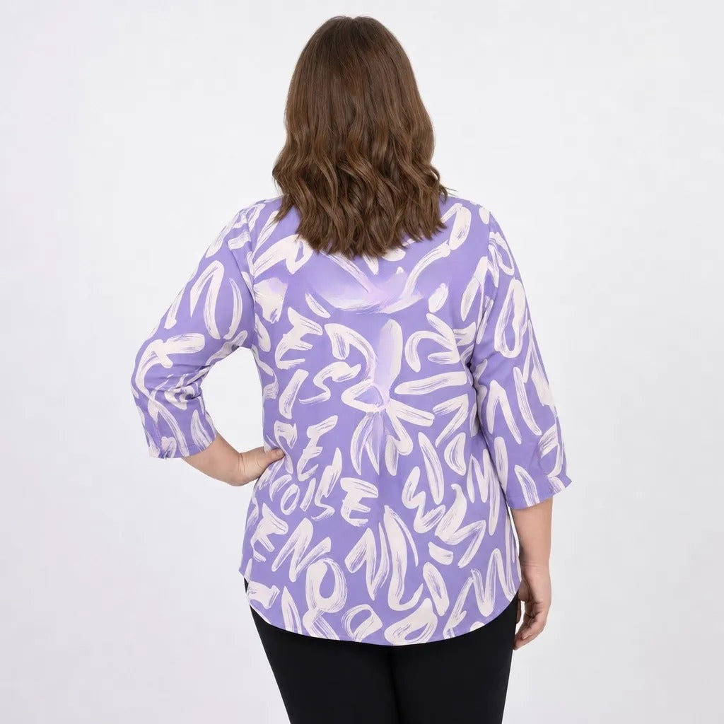 Paw Drazzel Boutique Women's Casualwear, Abstract Wave, Adjustable 3/4 Sleeve, Collared Shirt