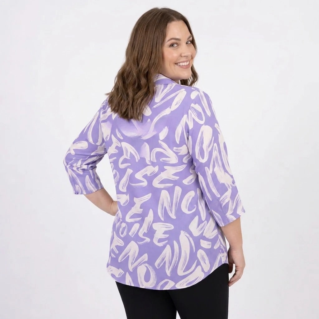 Paw Drazzel Boutique Women's Casualwear, Abstract Wave, Adjustable 3/4 Sleeve, Collared Shirt