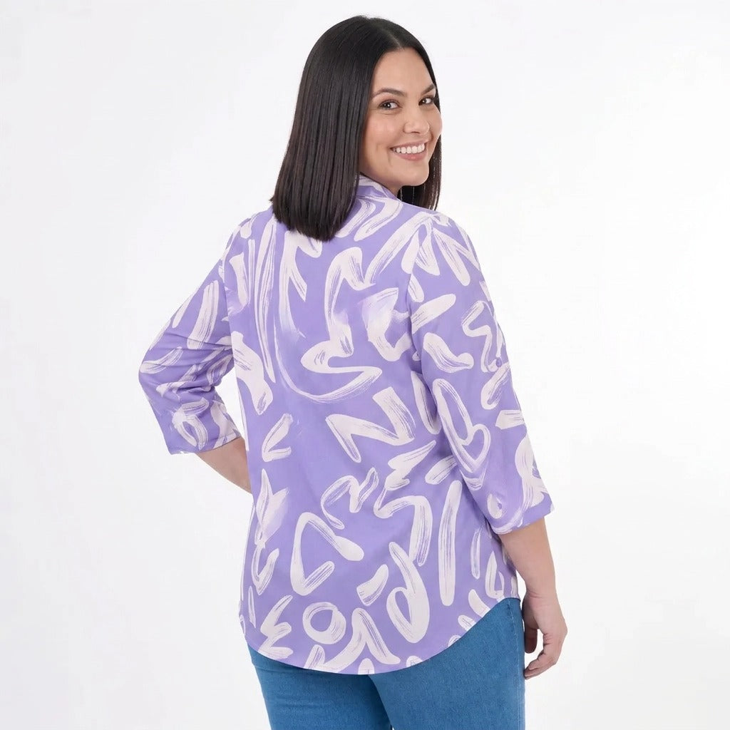 Paw Drazzel Boutique Women's Casualwear, Abstract Wave, Adjustable 3/4 Sleeve, Collared Shirt