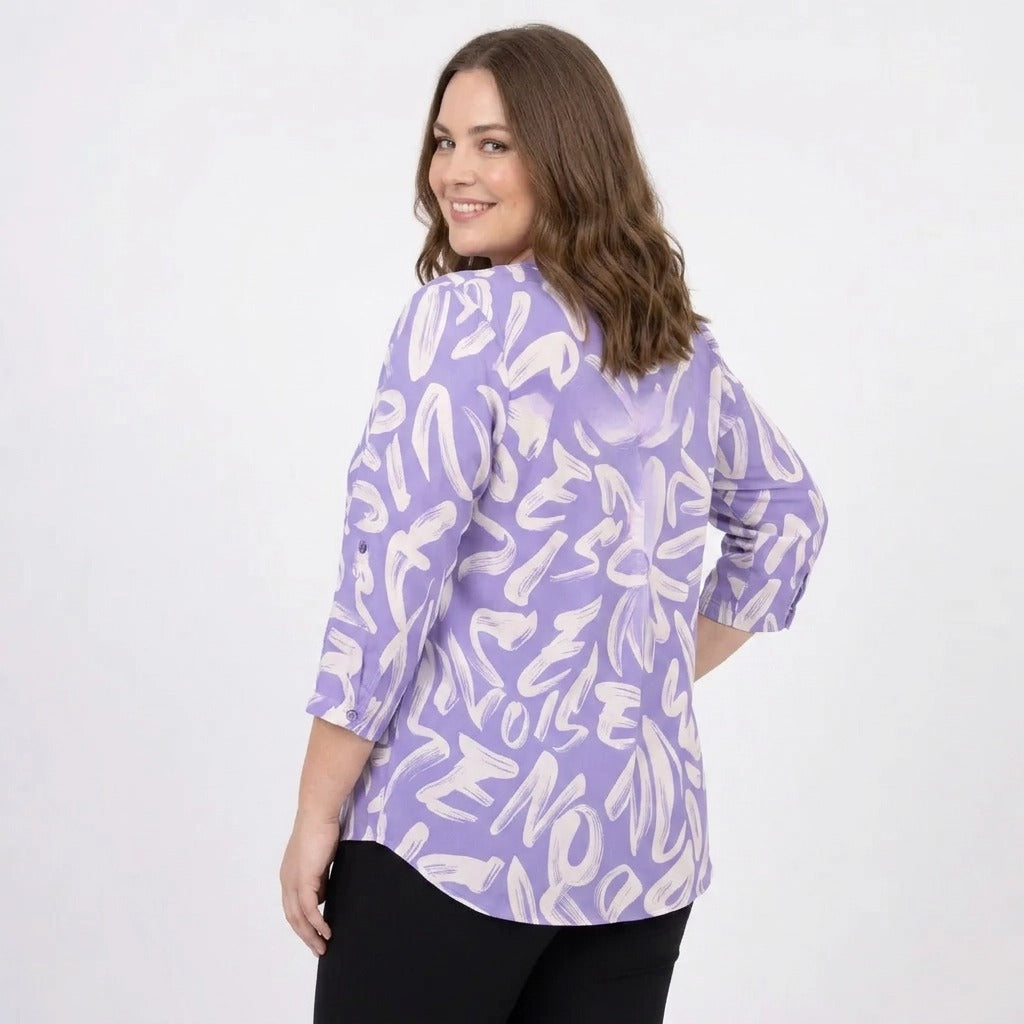 Paw Drazzel Boutique Women's Casualwear, Abstract Wave, Adjustable 3/4 Sleeve, Collared Shirt