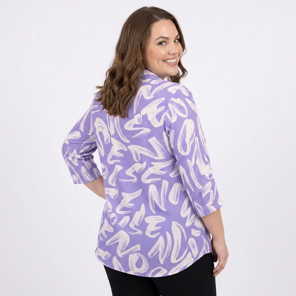 Paw Drazzel Boutique Women's Casualwear, Abstract Wave, Adjustable 3/4 Sleeve, Collared Shirt