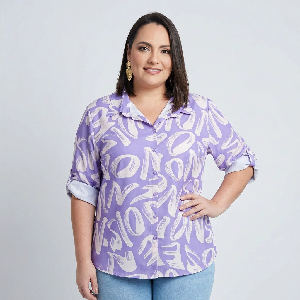 Paw Drazzel Boutique Women's Casualwear, Abstract Wave, Adjustable 3/4 Sleeve, Collared Shirt