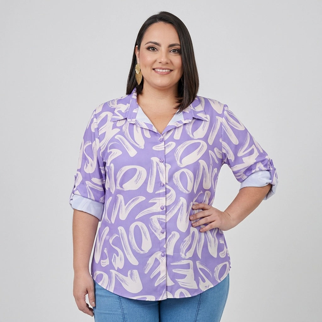 Paw Drazzel Boutique Women's Casualwear, Abstract Wave, Adjustable 3/4 Sleeve, Collared Shirt