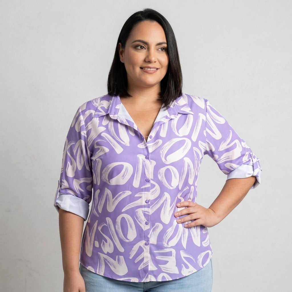 Paw Drazzel Boutique Women's Casualwear, Abstract Wave, Adjustable 3/4 Sleeve, Collared Shirt
