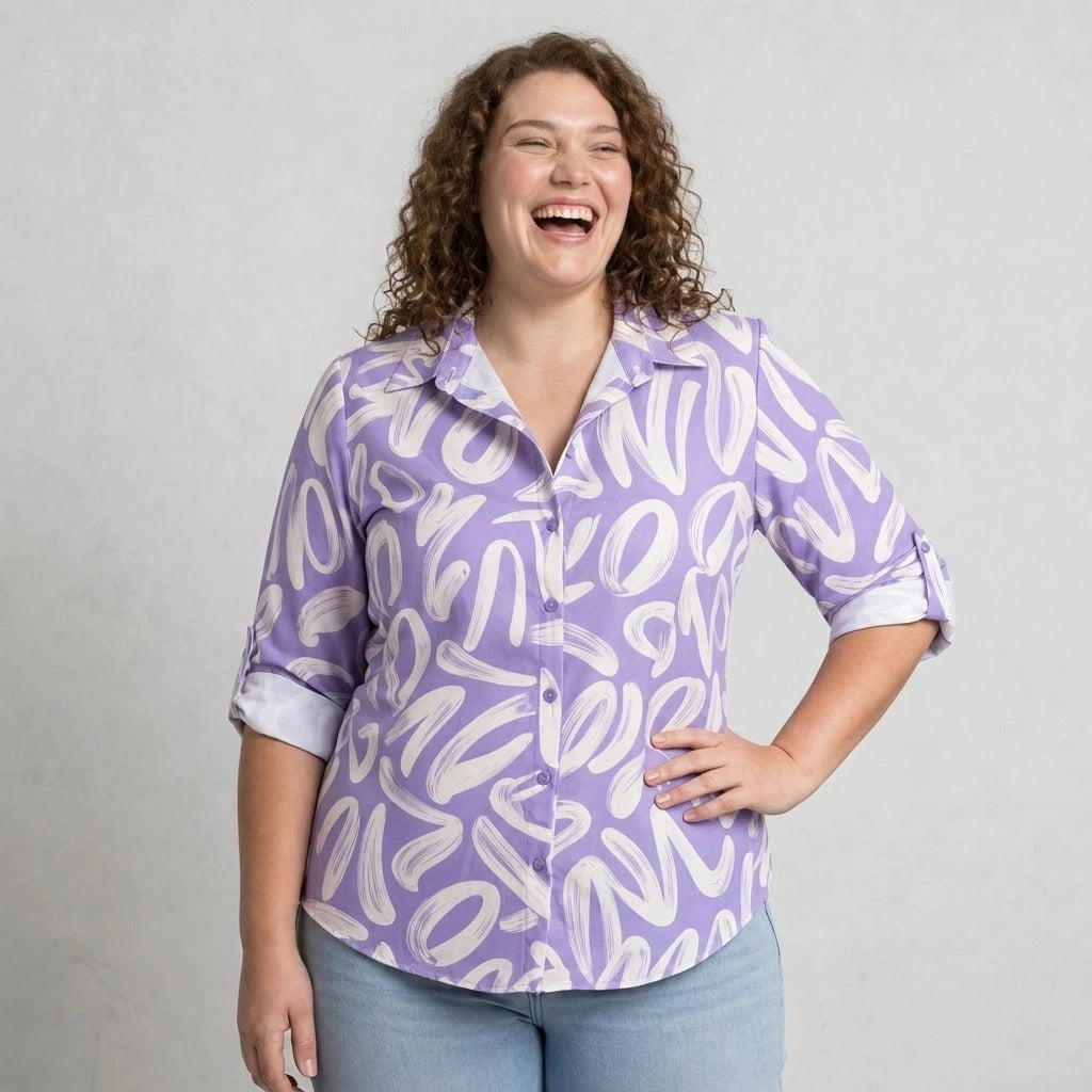 Paw Drazzel Boutique Women's Casualwear, Abstract Wave, Adjustable 3/4 Sleeve, Collared Shirt