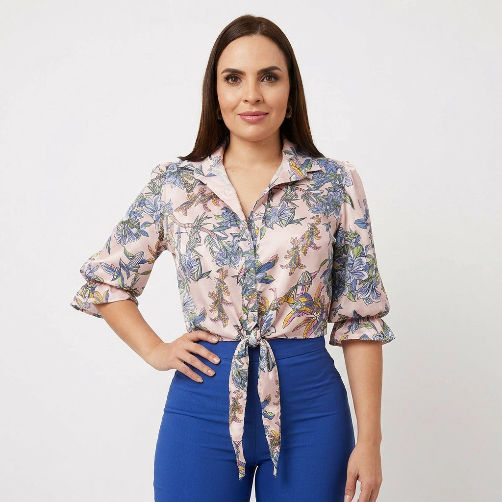 Paw Drazzel Boutique Women's Casualwear, Full Shoulder, Long Sleeve, V Neck, Front Tie Satin Blouse