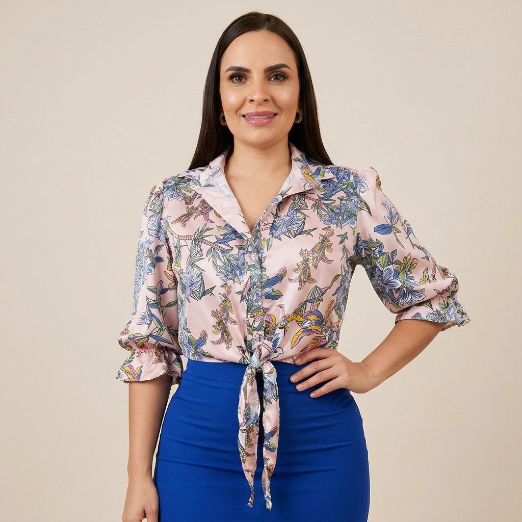Paw Drazzel Boutique Women's Casualwear, Full Shoulder, Long Sleeve, V Neck, Front Tie Satin Blouse