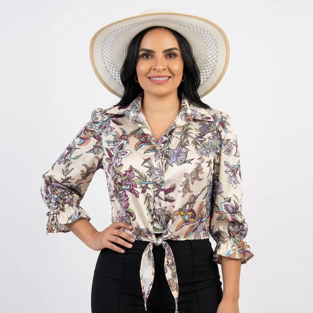 Paw Drazzel Boutique Women's Casualwear, Full Shoulder, Long Sleeve, V Neck, Front Tie Satin Blouse