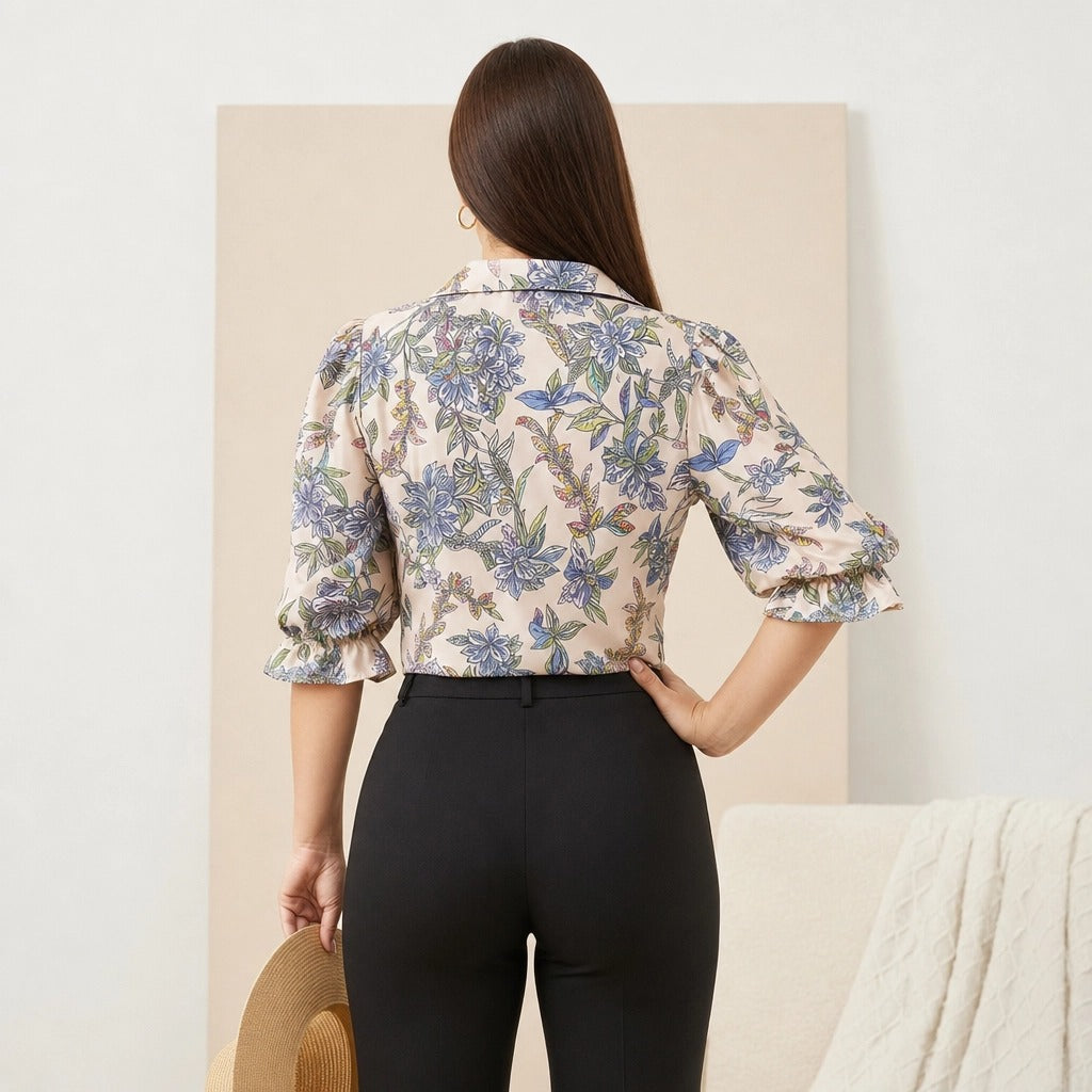 Paw Drazzel Boutique Women's Casualwear, Full Shoulder, Long Sleeve, V Neck, Front Tie Satin Blouse