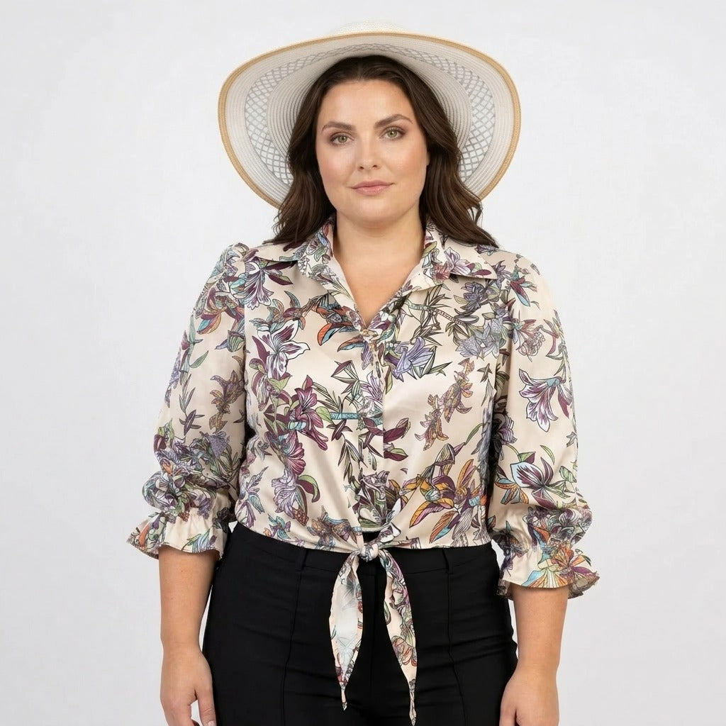 Paw Drazzel Boutique Women's Casualwear, Full Shoulder, Long Sleeve, V Neck, Front Tie Satin Blouse