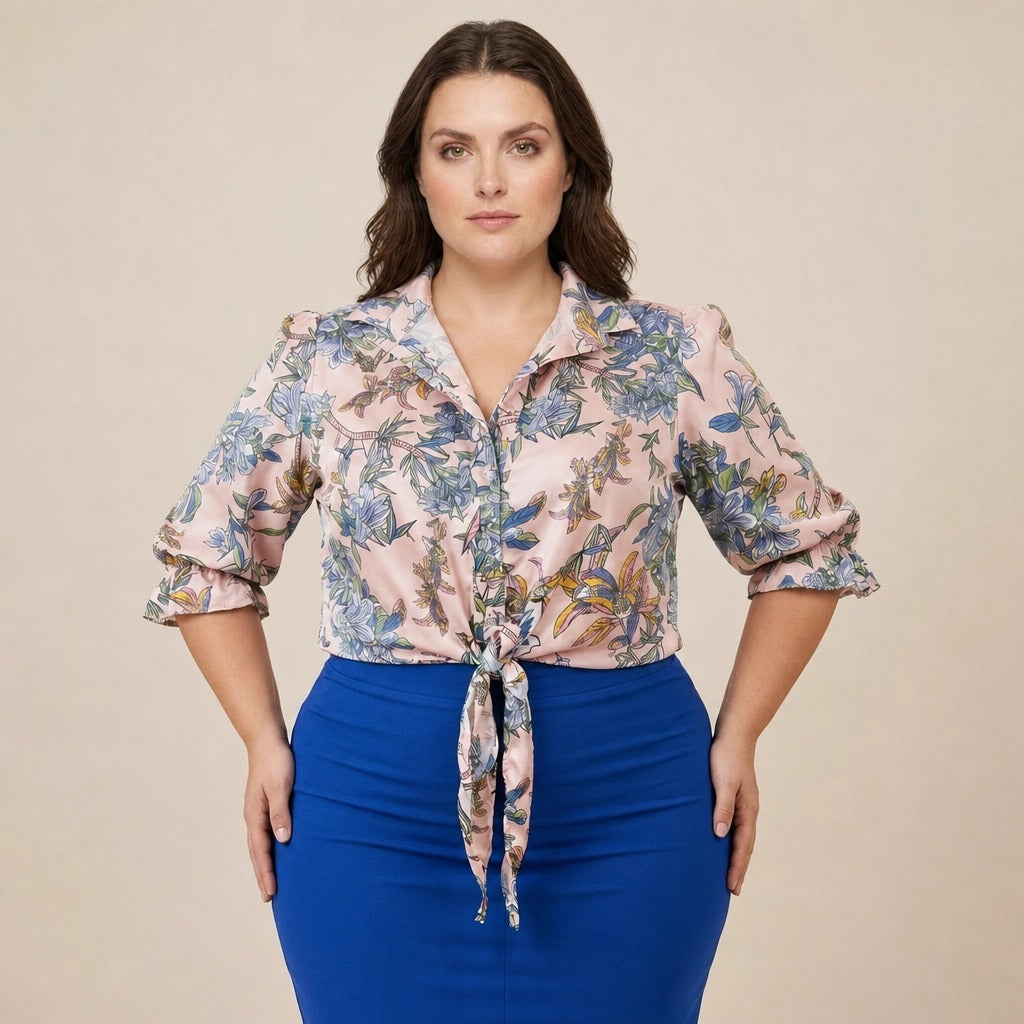 Paw Drazzel Boutique Women's Casualwear, Full Shoulder, Long Sleeve, V Neck, Front Tie Satin Blouse