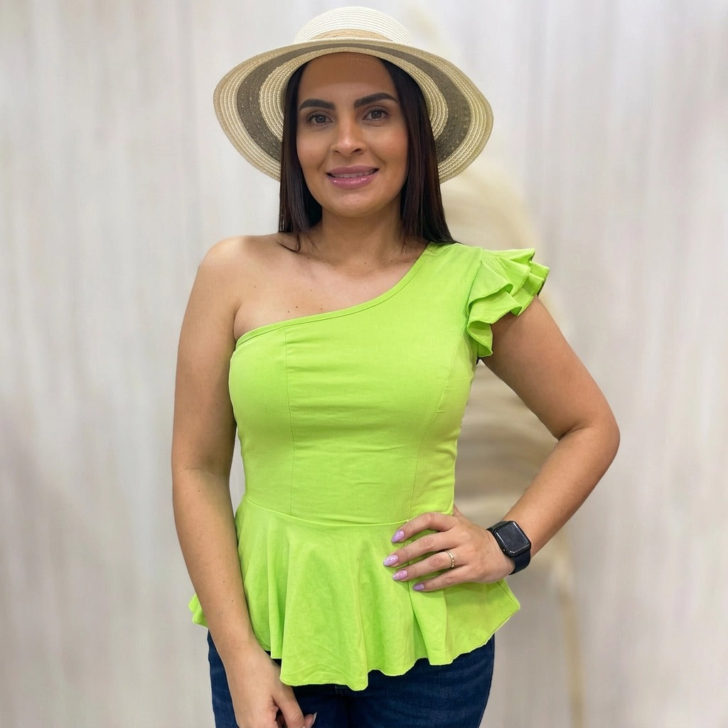Paw Drazzel Boutique Women's Casualwear, Asymmetrical Shoulder, Ruffle Cap Sleeve Blouse