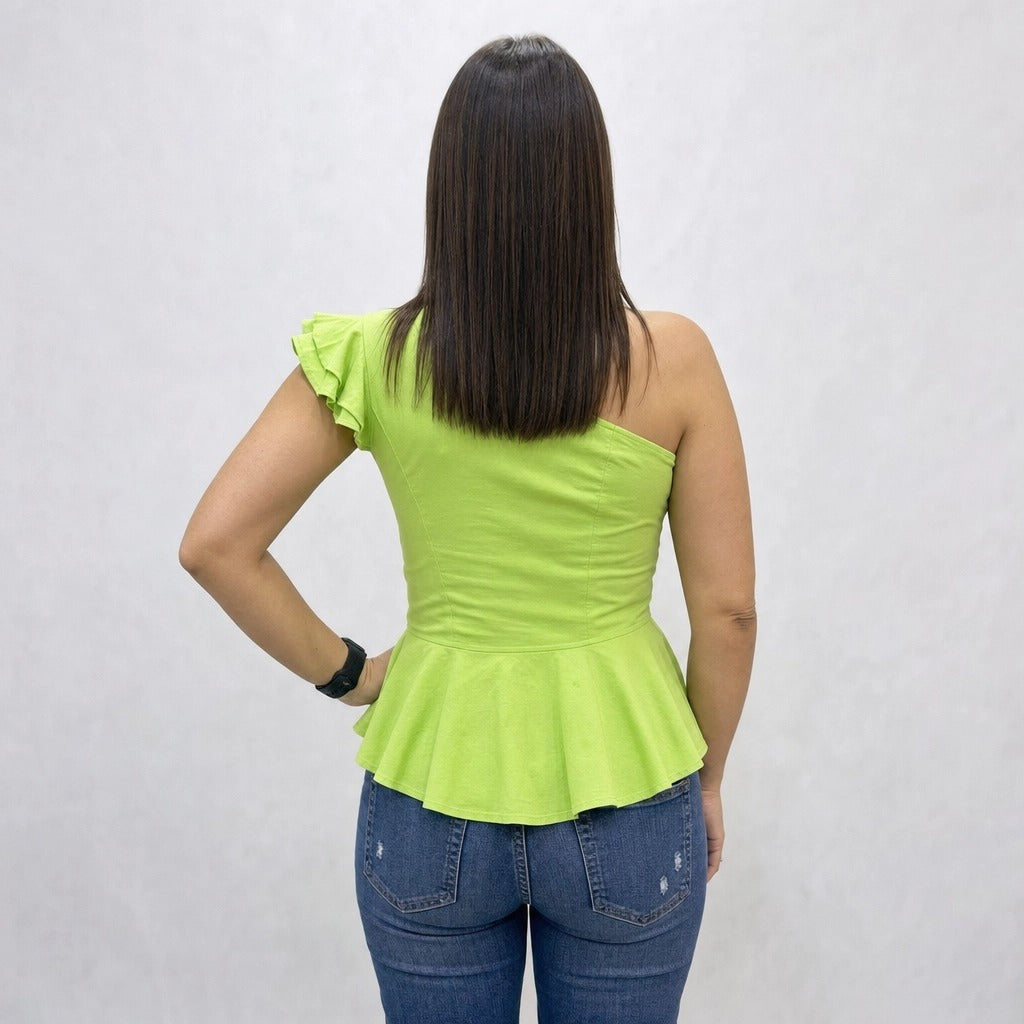 Paw Drazzel Boutique Women's Casualwear, Asymmetrical Shoulder, Ruffle Cap Sleeve Blouse