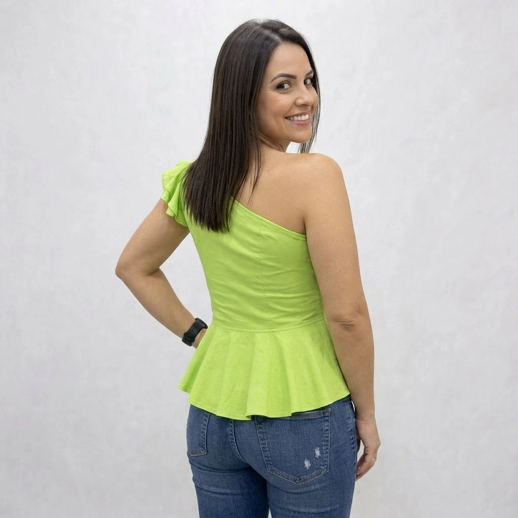 Paw Drazzel Boutique Women's Casualwear, Asymmetrical Shoulder, Ruffle Cap Sleeve Blouse