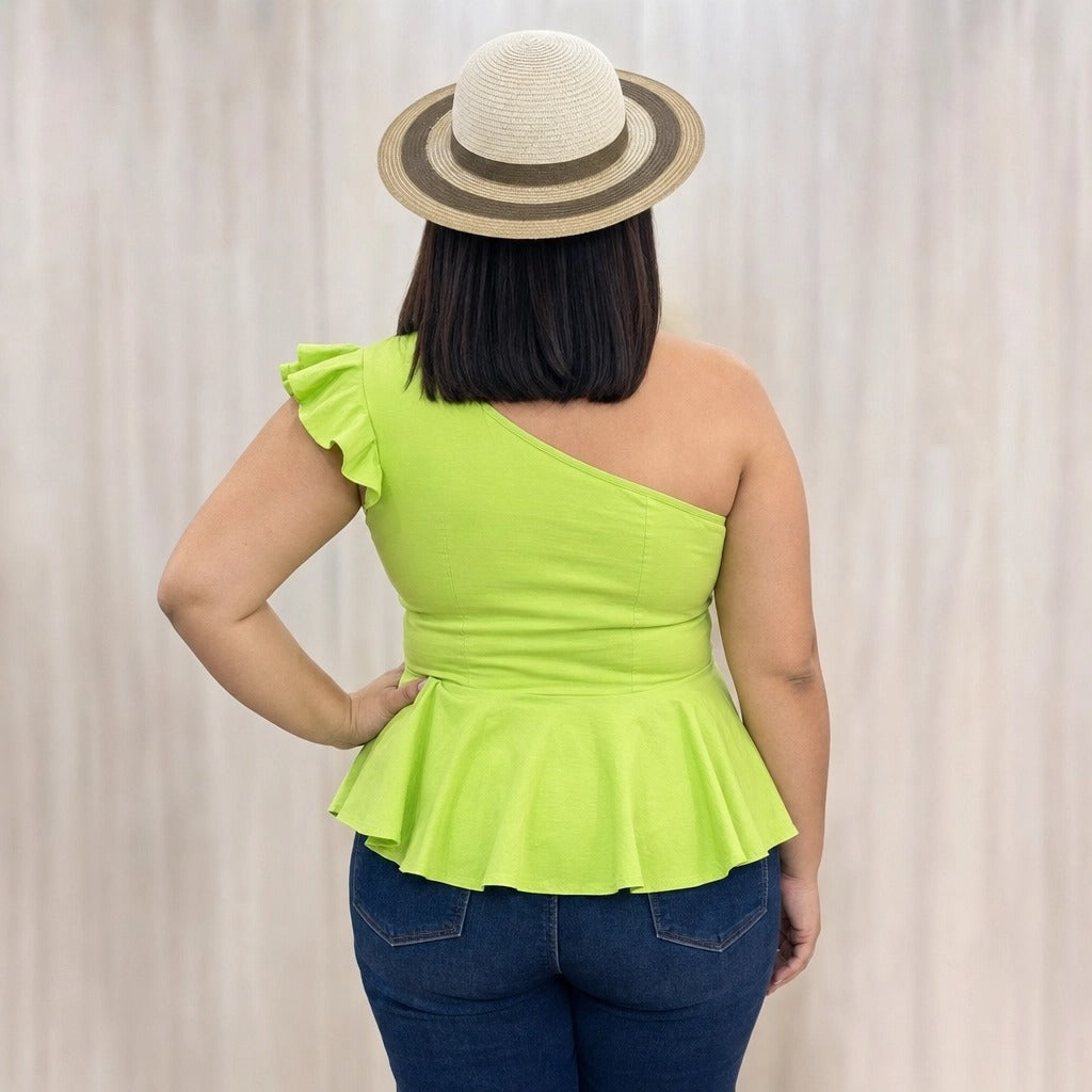 Paw Drazzel Boutique Women's Casualwear, Asymmetrical Shoulder, Ruffle Cap Sleeve Blouse