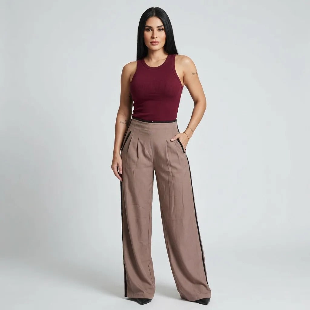 Paw Drazzel Boutique Women's High-Waisted, Straight-leg, Smooth Front Panel, Back Zipper, Side Pocket, Gallega Pants