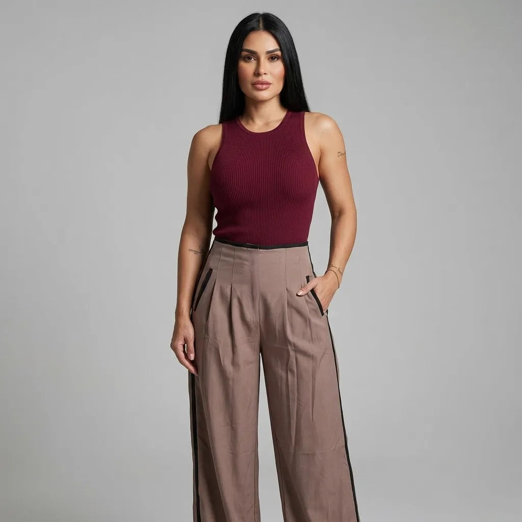 Paw Drazzel Boutique Women's High-Waisted, Straight-leg, Smooth Front Panel, Back Zipper, Side Pocket, Gallega Pants