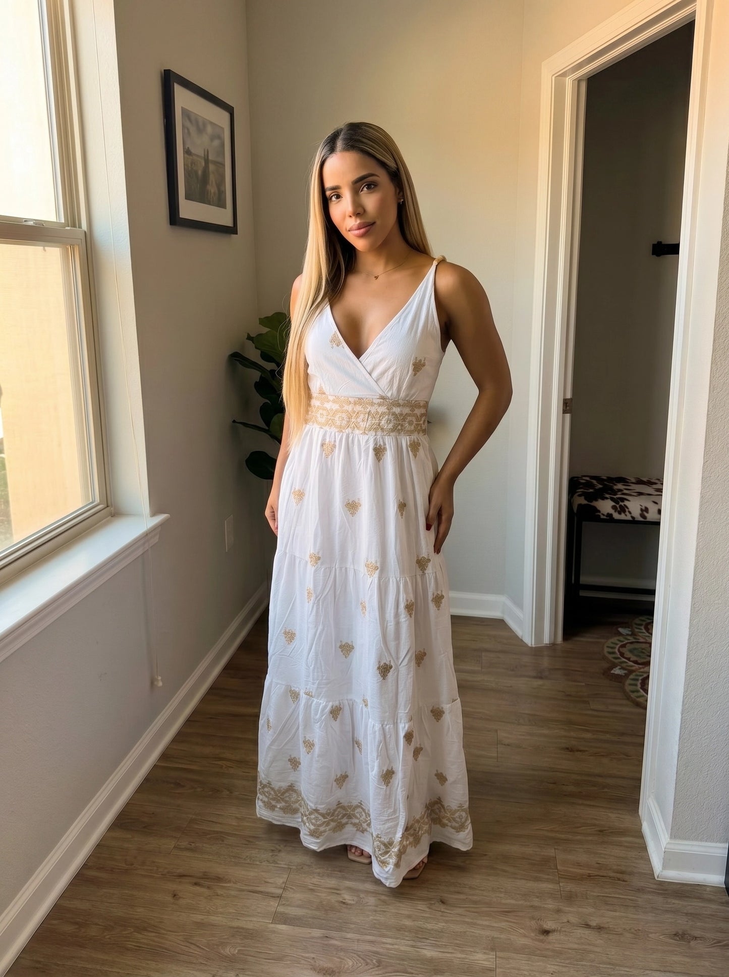 Paw Drazzel Boutique Women's Casualwear, Sleeveless, White and Gold, Embroidered, Tiered V-Neck Maxi Dress