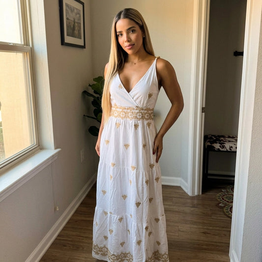 Paw Drazzel Boutique Women's Casualwear, Sleeveless, White and Gold, Embroidered, Tiered V-Neck Maxi Dress
