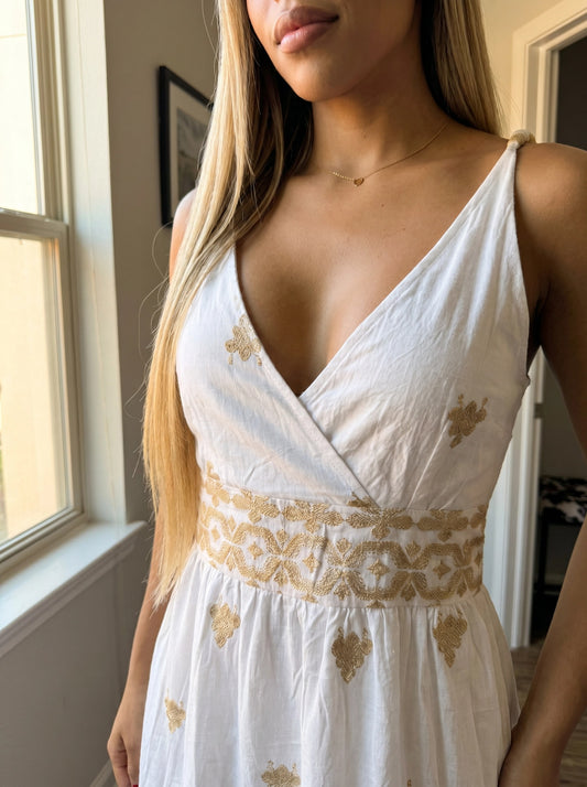 Paw Drazzel Boutique Women's Casualwear, Sleeveless, White and Gold, Embroidered, Tiered V-Neck Maxi Dress