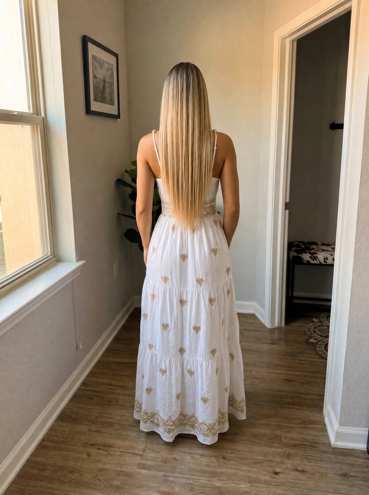 Paw Drazzel Boutique Women's Casualwear, Sleeveless, White and Gold, Embroidered, Tiered V-Neck Maxi Dress