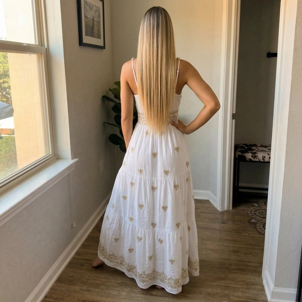 Paw Drazzel Boutique Women's Casualwear, Sleeveless, White and Gold, Embroidered, Tiered V-Neck Maxi Dress