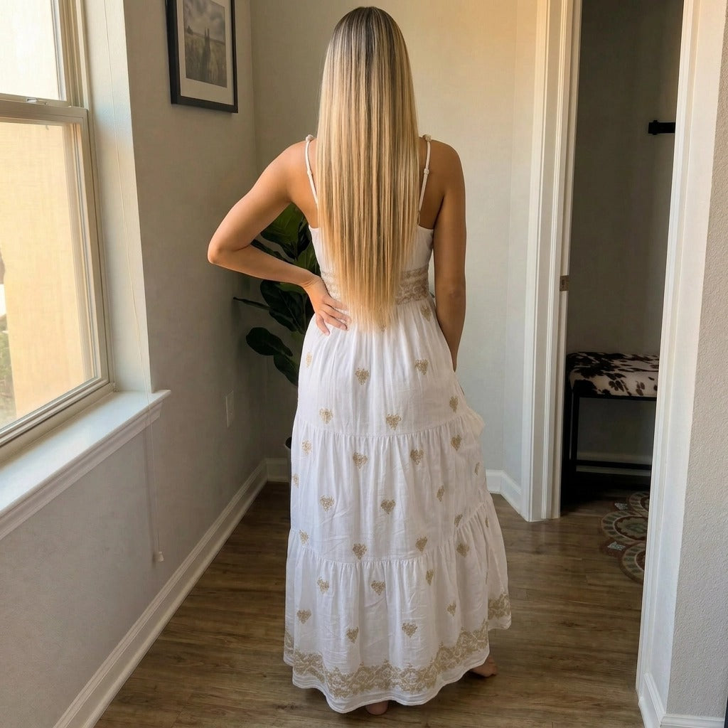 Paw Drazzel Boutique Women's Casualwear, Sleeveless, White and Gold, Embroidered, Tiered V-Neck Maxi Dress