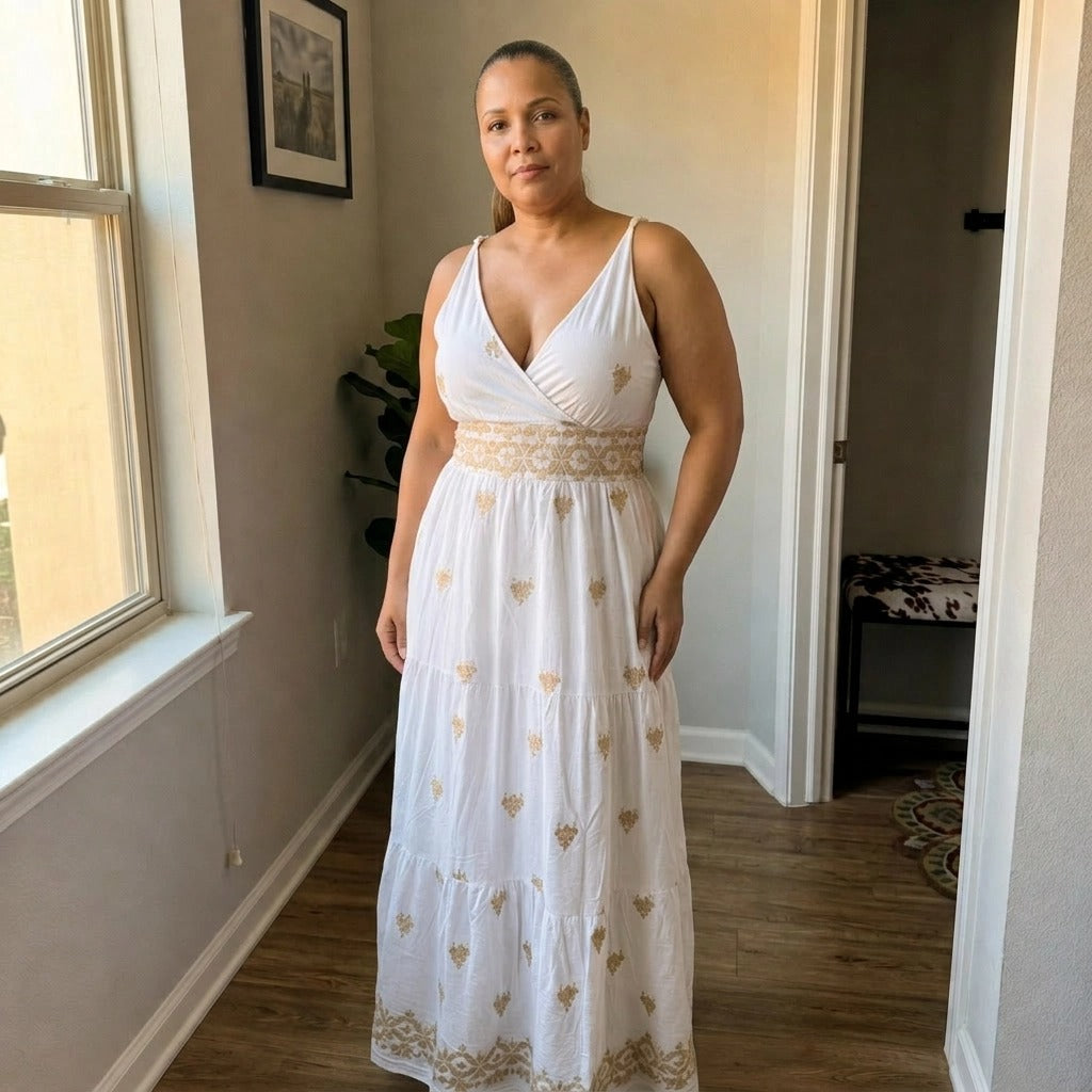 Paw Drazzel Boutique Women's Casualwear, Sleeveless, White and Gold, Embroidered, Tiered V-Neck Maxi Dress