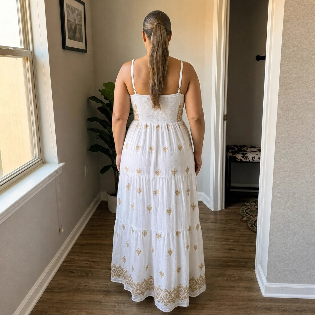 Paw Drazzel Boutique Women's Casualwear, Sleeveless, White and Gold, Embroidered, Tiered V-Neck Maxi Dress