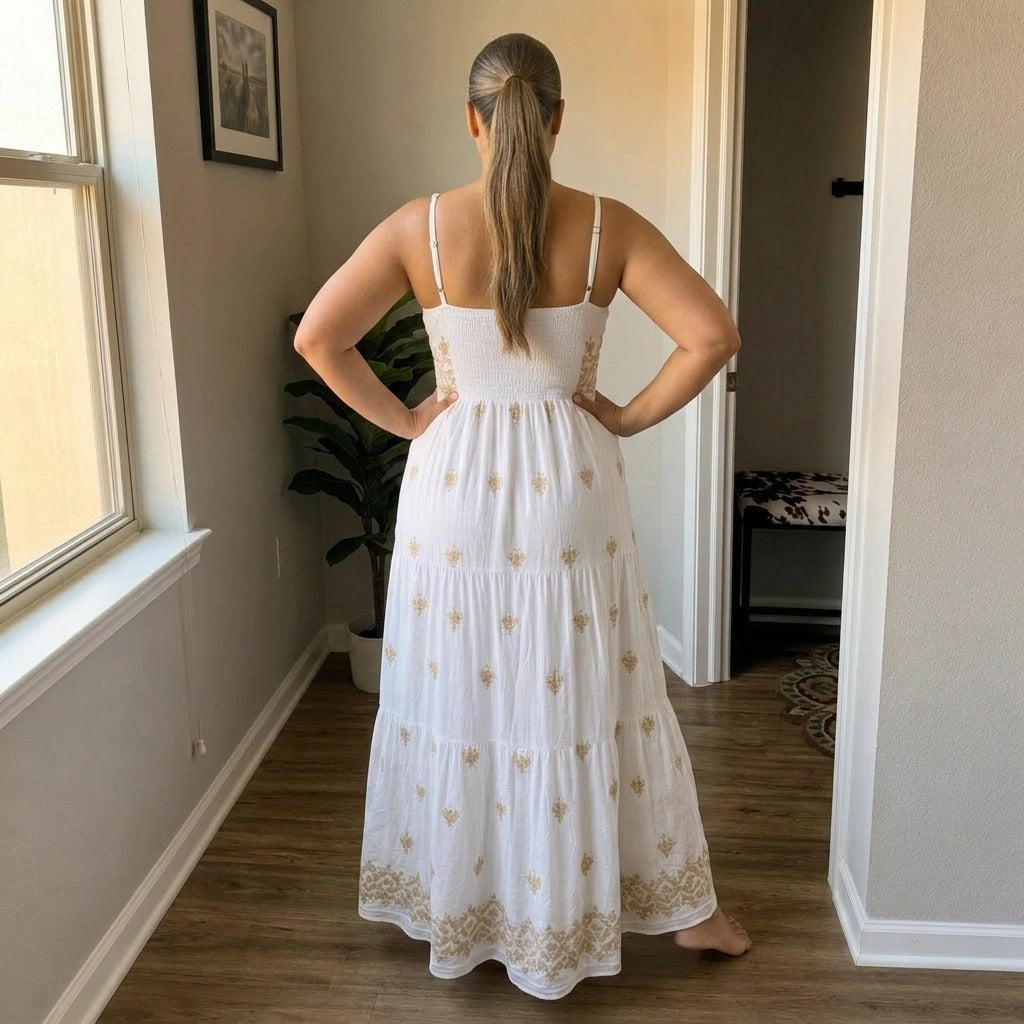 Paw Drazzel Boutique Women's Casualwear, Sleeveless, White and Gold, Embroidered, Tiered V-Neck Maxi Dress