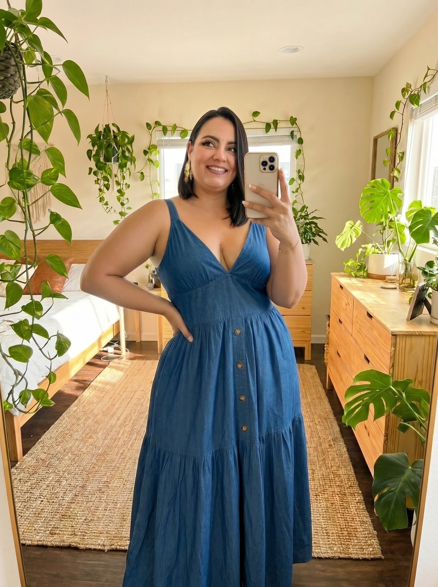 Paw Drazzel Boutique Women's Casualwear, Sleeveless, V-Neck, Button-Front, Smocked Back, Chambray Sundress