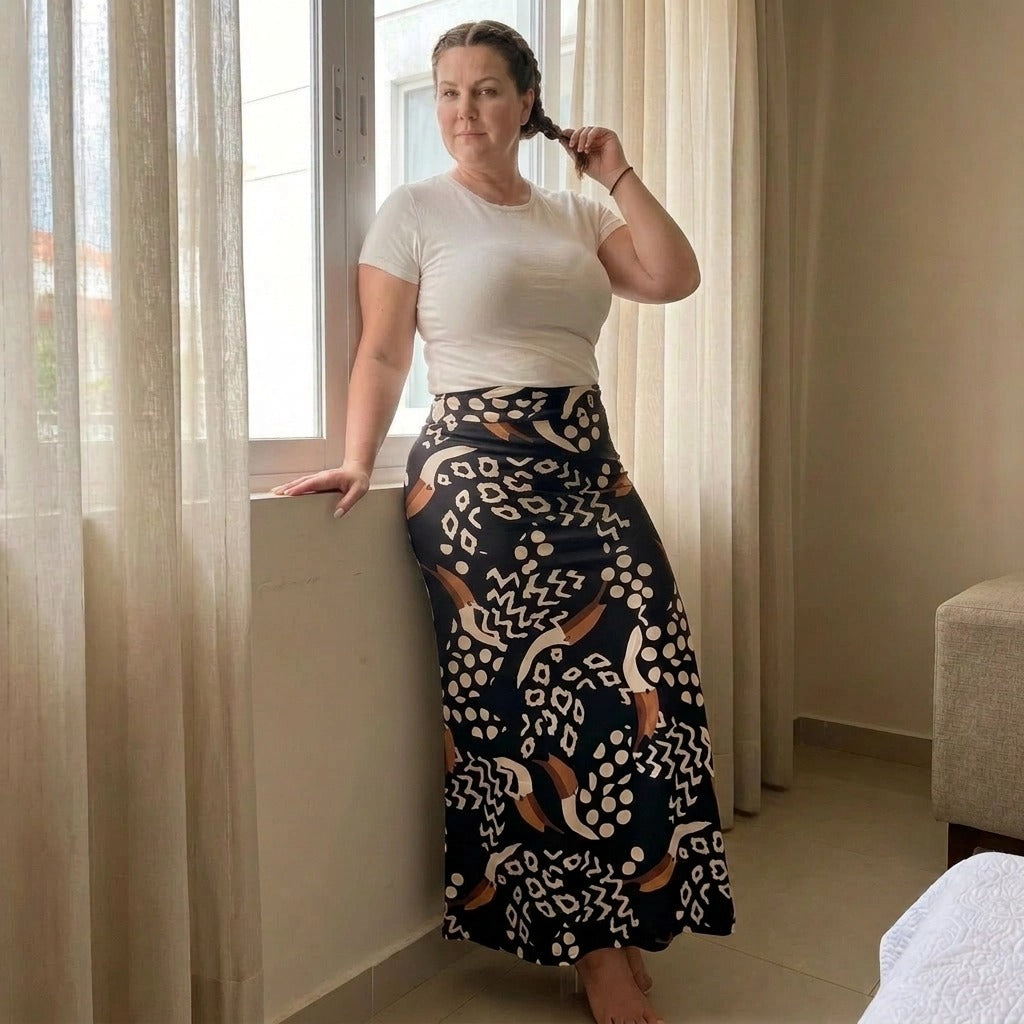 Paw Drazzel Boutique Women's Seamless, High-Waisted, Maxi Skirt, Elastic Waistband, Tribal Print, Africa Pencil Skirt