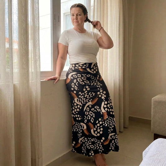 Paw Drazzel Boutique Women's Seamless, High-Waisted, Maxi Skirt, Elastic Waistband, Tribal Print, Africa Pencil Skirt