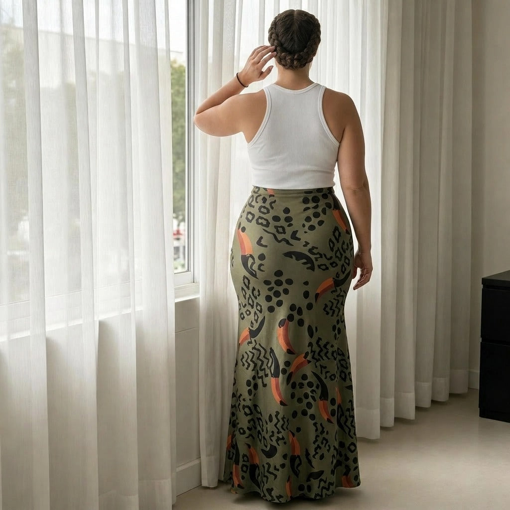 Paw Drazzel Boutique Women's Seamless, High-Waisted, Maxi Skirt, Elastic Waistband, Tribal Print, Africa Pencil Skirt