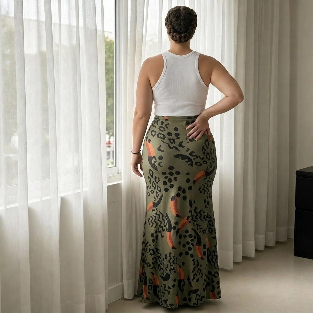 Paw Drazzel Boutique Women's Seamless, High-Waisted, Maxi Skirt, Elastic Waistband, Tribal Print, Africa Pencil Skirt