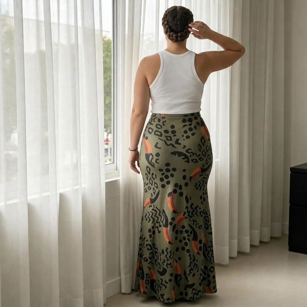 Paw Drazzel Boutique Women's Seamless, High-Waisted, Maxi Skirt, Elastic Waistband, Tribal Print, Africa Pencil Skirt