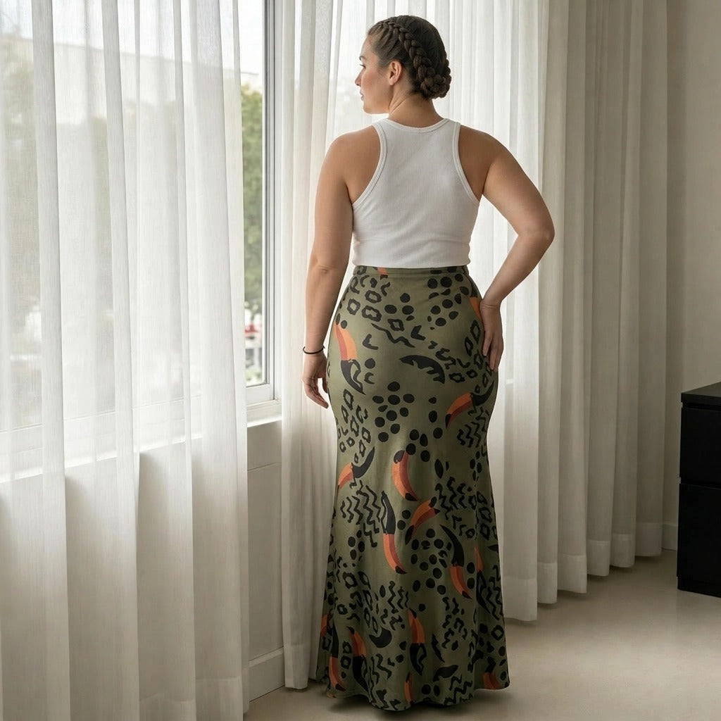Paw Drazzel Boutique Women's Seamless, High-Waisted, Maxi Skirt, Elastic Waistband, Tribal Print, Africa Pencil Skirt