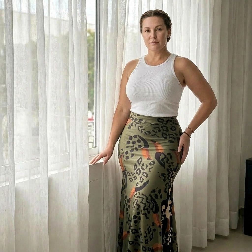 Paw Drazzel Boutique Women's Seamless, High-Waisted, Maxi Skirt, Elastic Waistband, Tribal Print, Africa Pencil Skirt