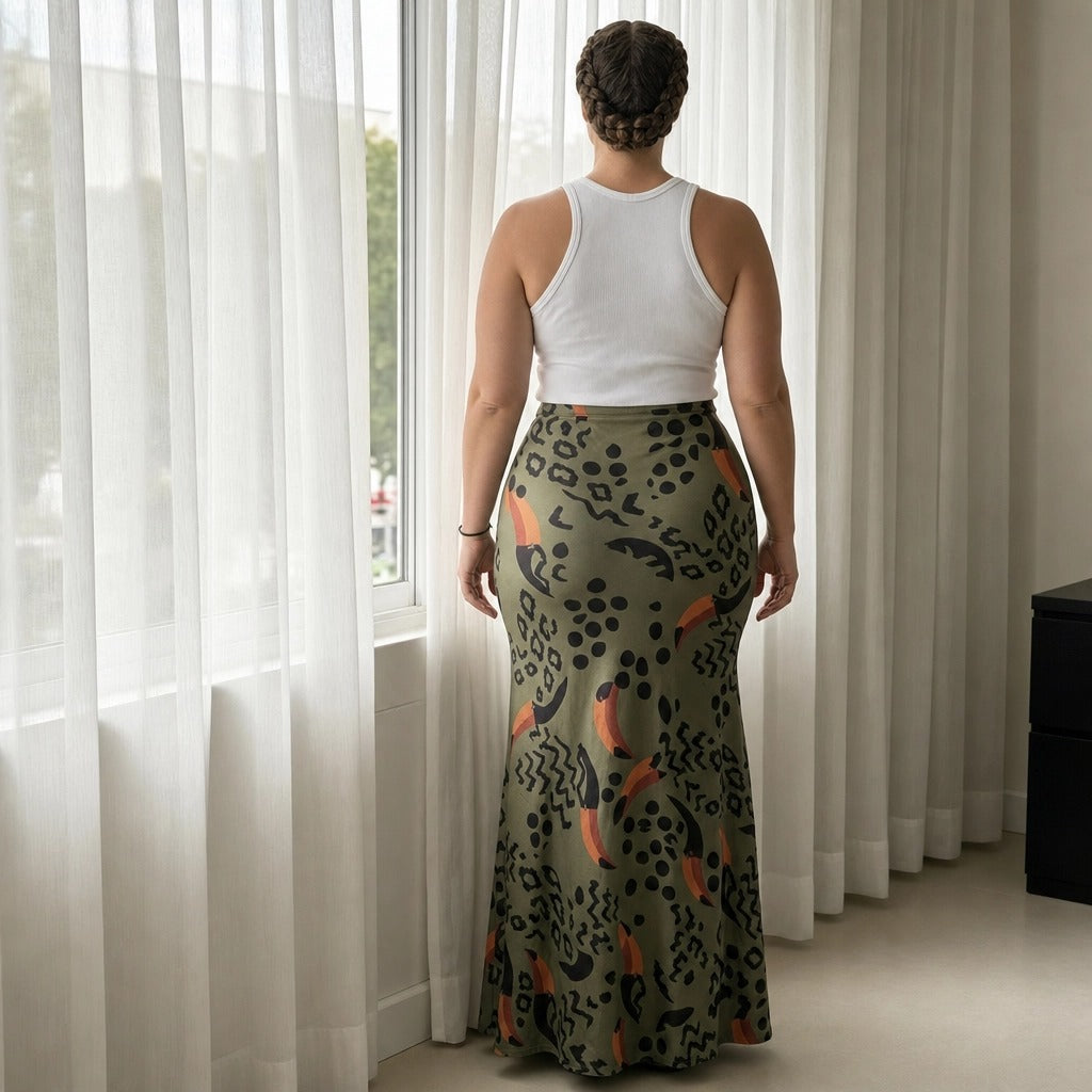 Paw Drazzel Boutique Women's Seamless, High-Waisted, Maxi Skirt, Elastic Waistband, Tribal Print, Africa Pencil Skirt