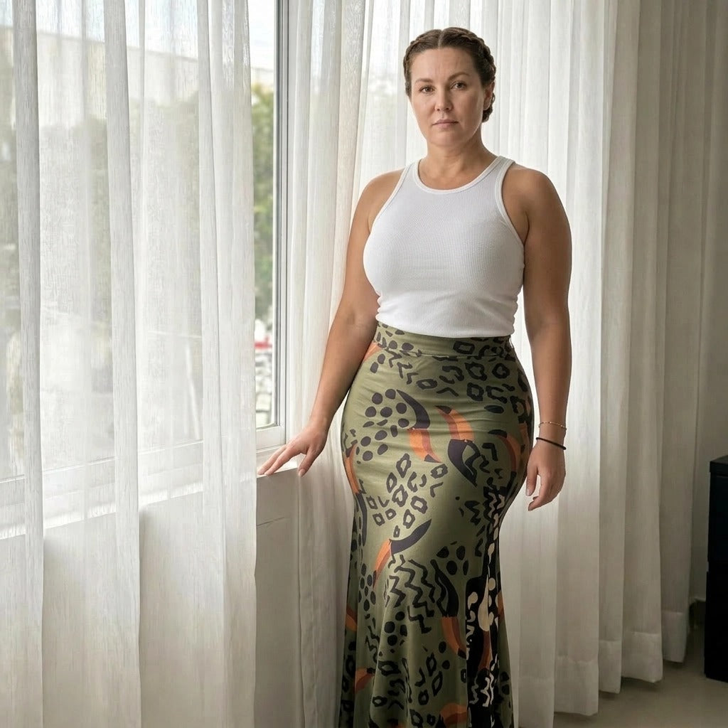 Paw Drazzel Boutique Women's Seamless, High-Waisted, Maxi Skirt, Elastic Waistband, Tribal Print, Africa Pencil Skirt